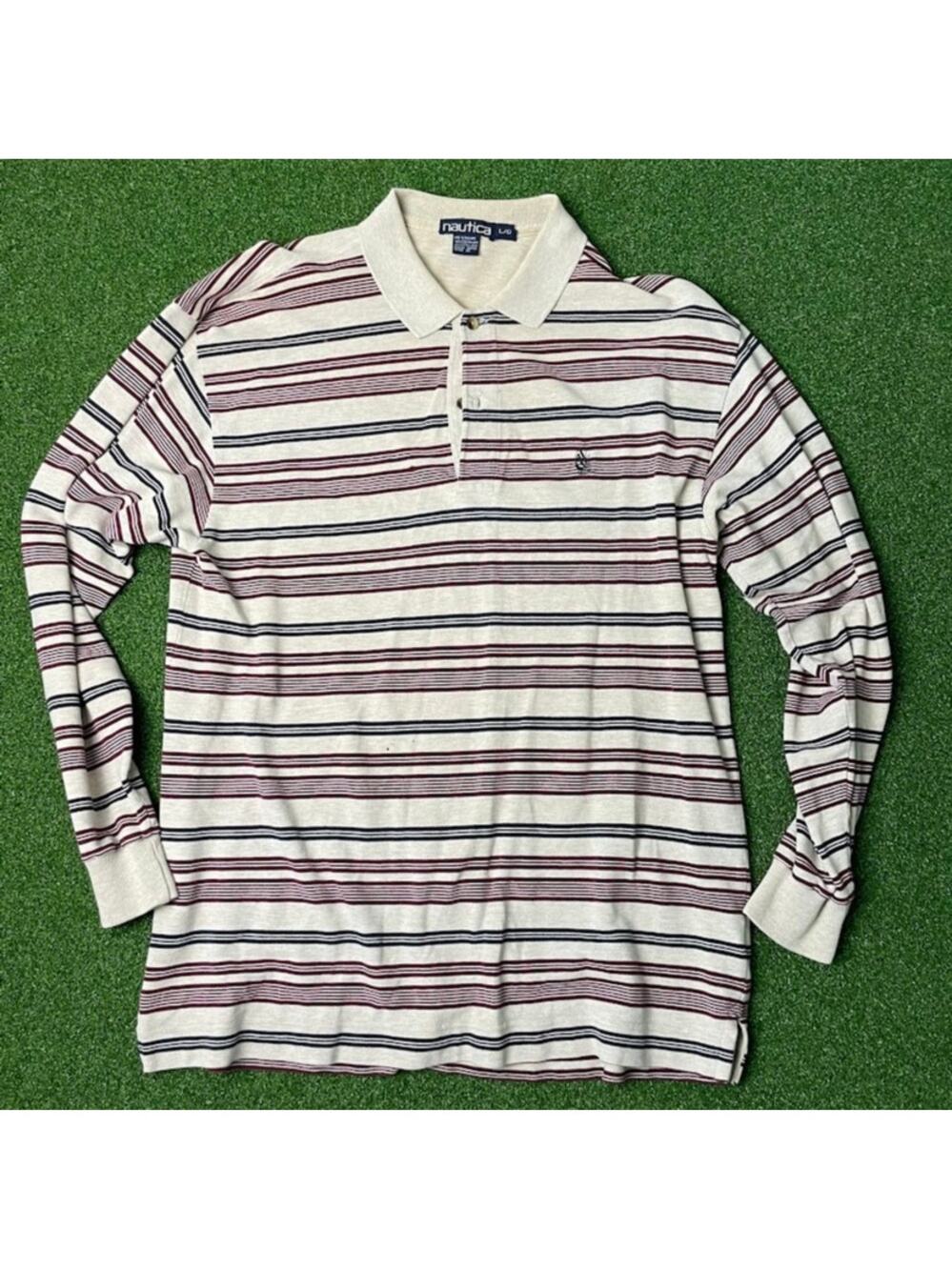Vintage 90s Y2K Nautica Mens Striped Long Sleeve Polo Sz L